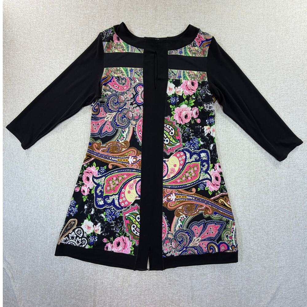 Eva Varro Women Black Pink Large Floral Paisley 3/4 Sleeve Lightweight Top